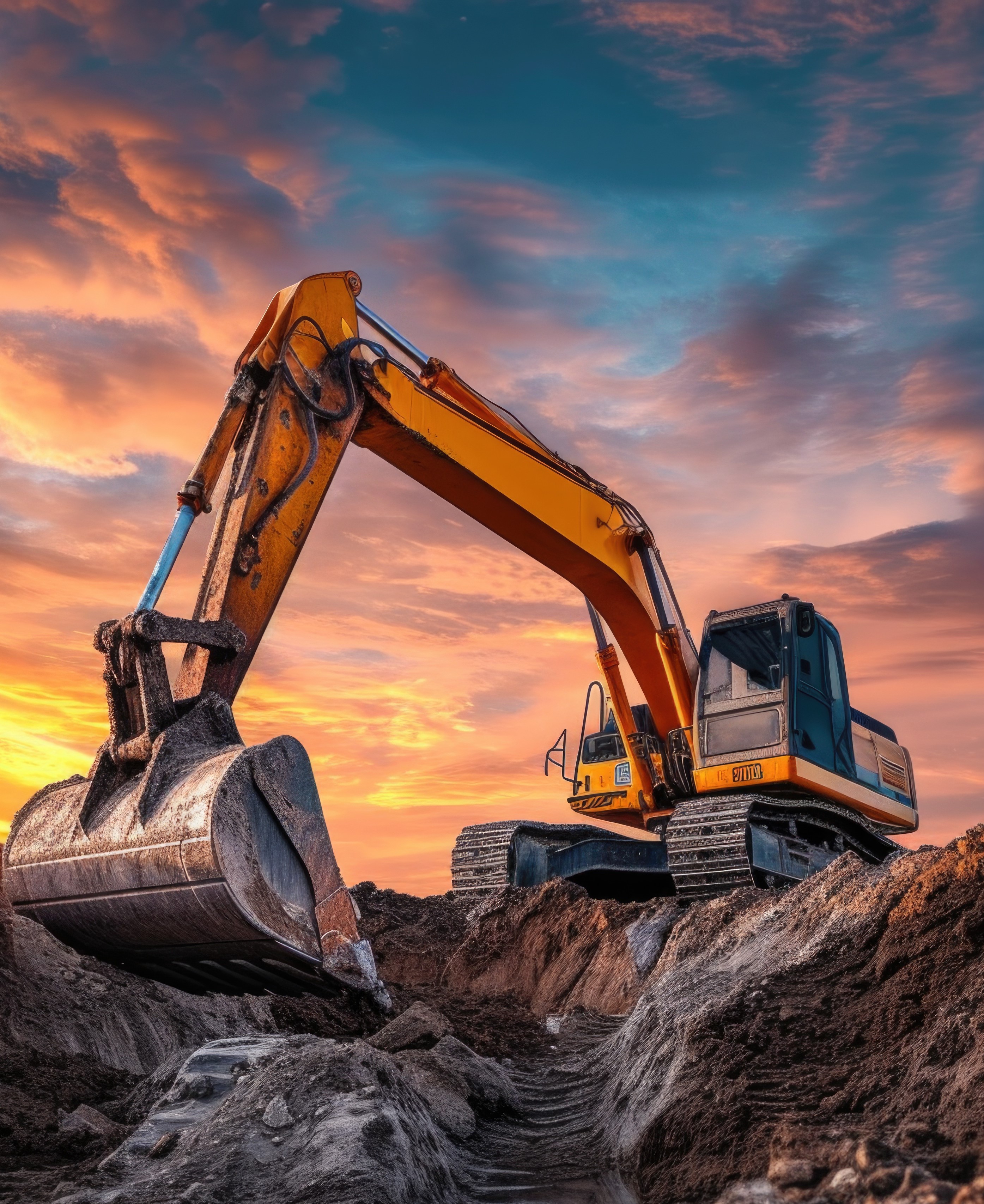 an excavator digging a hole onsite, in the style of color gradients, light indigo and dark amber, richly colored skies, meticulous attention to detail, iso 200, suspended/hanging, digitally enhanced --ar 38:25 --v 6 Job ID: 1e2efcb6-cf7e-4d49-8602-0e0fbd638112